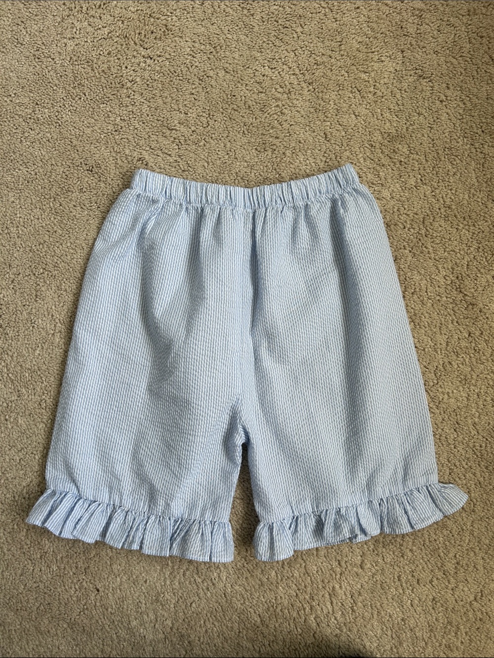 Barefoot Light Blue Seersucker Ruffle Hem Long Shorts, 7